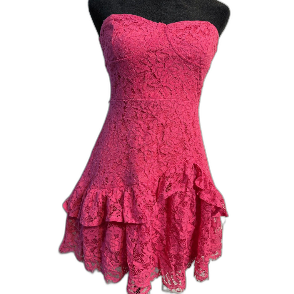 Hot Pink Lace Strapless Mini Dress — Sweetheart Neckline, Ruffle Hem